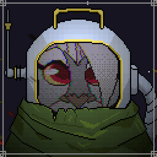 An astronaut helmet and green scarf surrounded by embers. Inside the helmet is the face of a feminine owl distorted by wavy tv-static