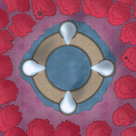 A top-down view of a clearing in a red and pink forest. A limestone circle sits upon grey ground with 4 large bone-white pillars sitting on all cardinal points of the circle.